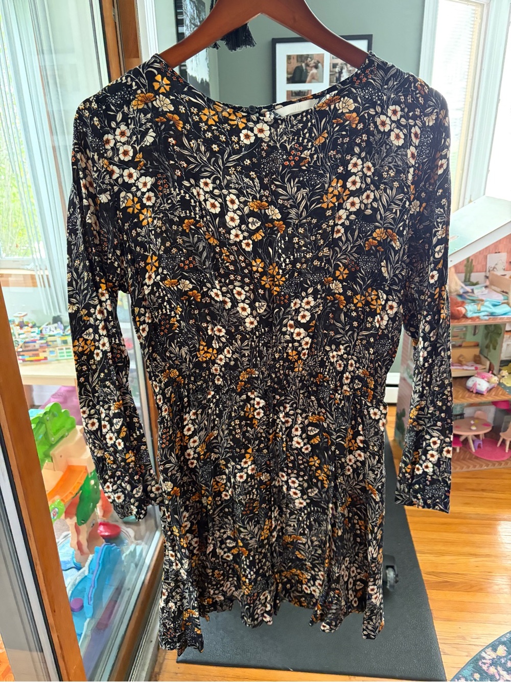 H&M Black Floral Long Sleeve Fit-and-Flare Dress with White & Mustard Print